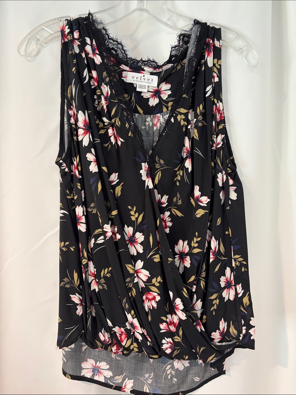 Velvet Black Floral Lace-Trim Draped Camisole